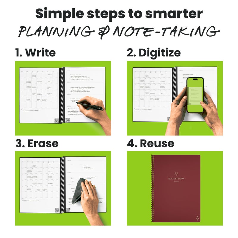 Rocketbook Fusion Reusable Undated Productivity Planner, Letter Size 8.5x11, Maroon - Goals, Monthly and Weekly Calendar, Daily To-do List, Lined and Dotted Notes Pages - Image 3